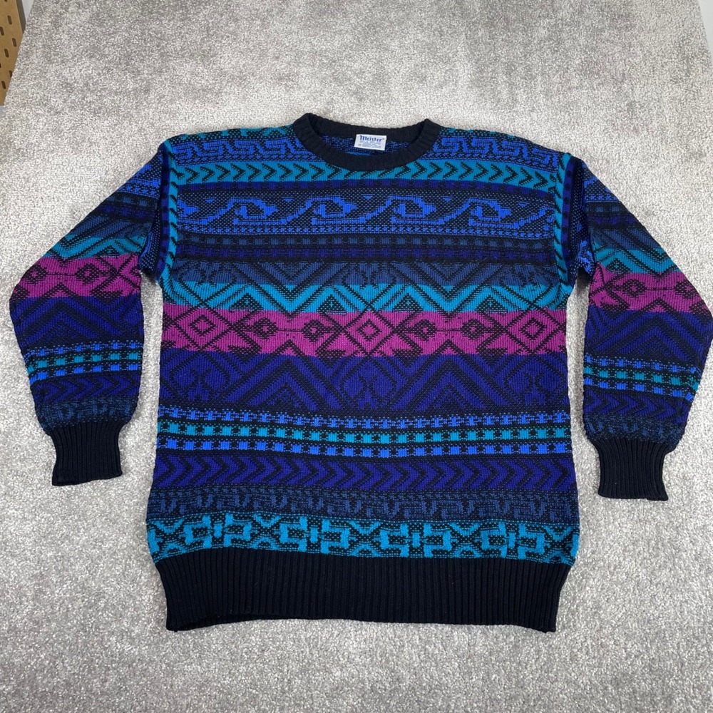 Vintage Meister Sweater Mens Large Wool Blend Ski Geometric Retro 80s 90s